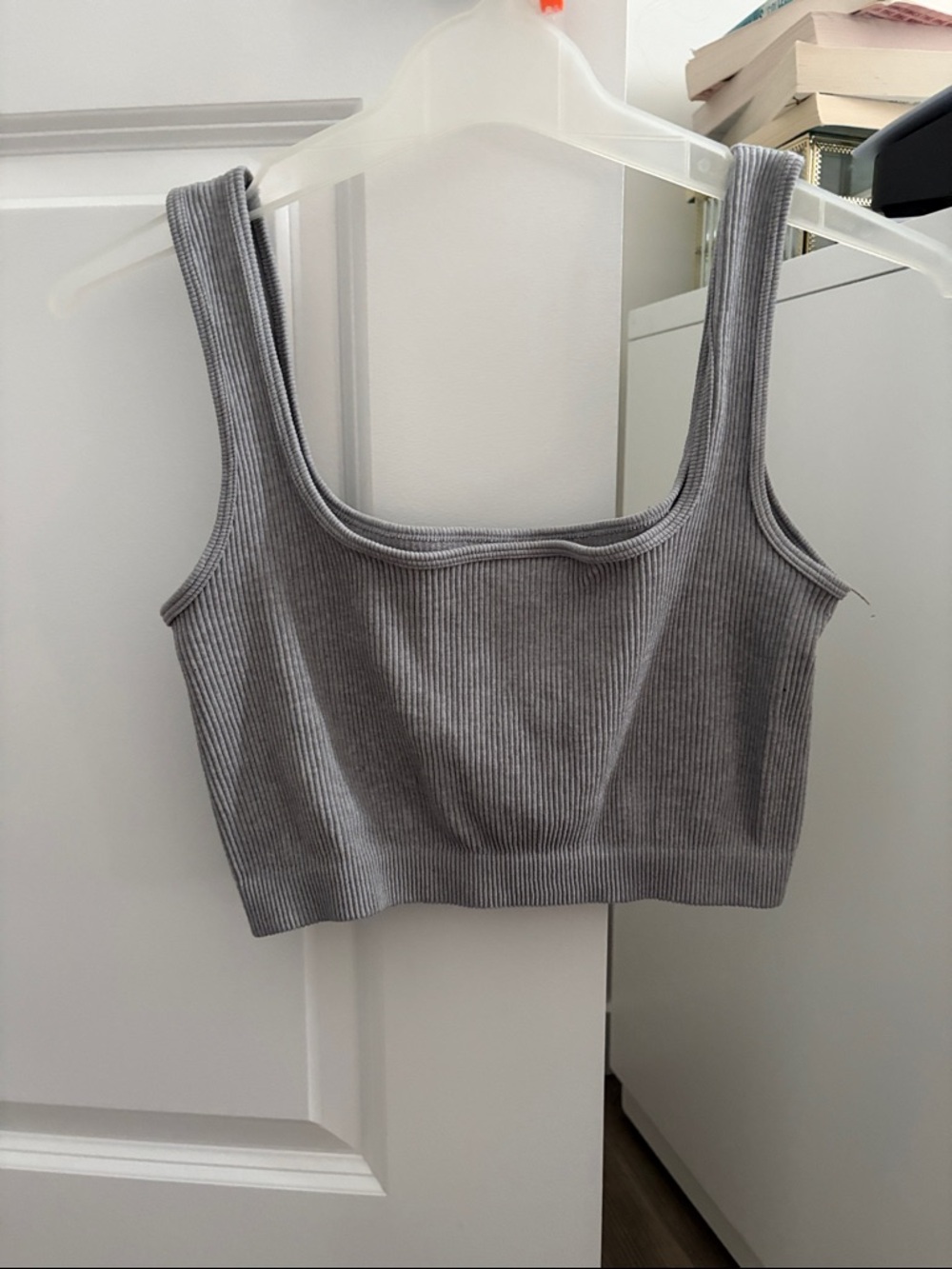 Ribbed Square Neck Crop Tank - Gray